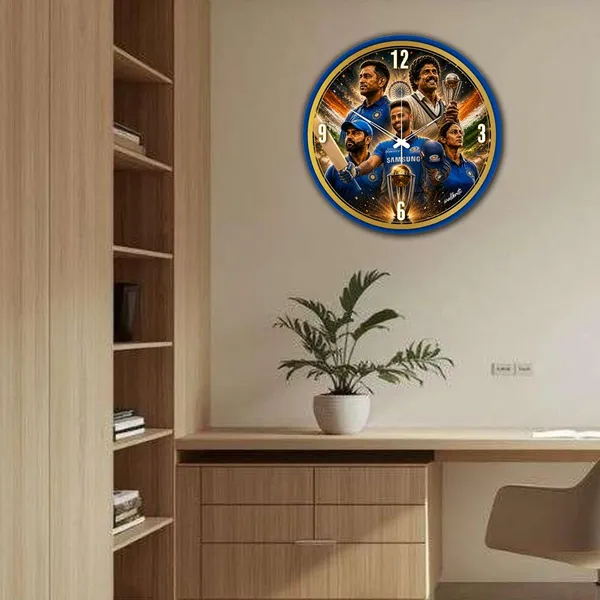 Mdf_Wood_Indian_Cricket_Legends_Tricolour_Wall_Clock