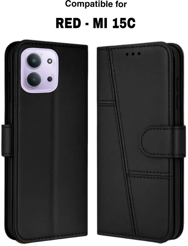 Flip_Cover_for_REDMI_15C_5G_(Black,_Magnetic_Case,_Leather,_Pack_of:_1)