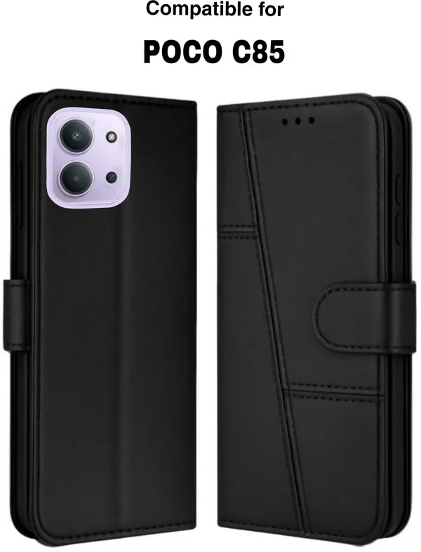 Flip_Cover_for_POCO_C85_5G_(Black,_Magnetic_Case,_Leather,_Pack_of:_1)
