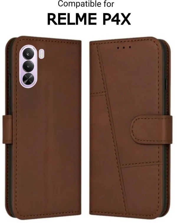 Flip_Cover_for_realme_P4X_(Brown,_Magnetic_Case,_Leather,_Pack_of:_1)