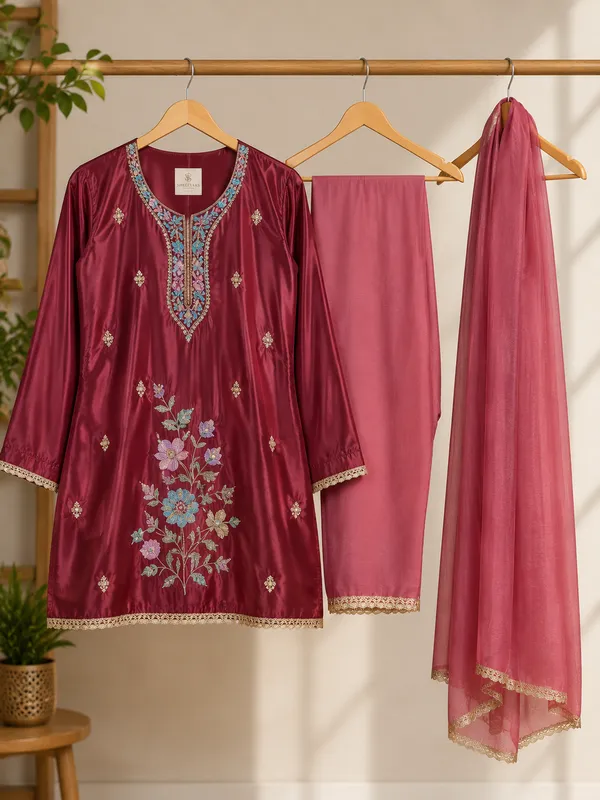 Maroon_Embroidered_Three_Piece_Kurta_Set_For_Women