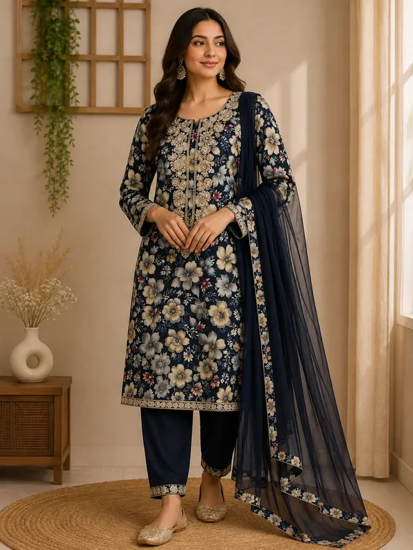 Navy_Floral_Embellished_Kurta_Set_For_Women