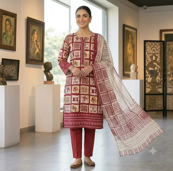 Red_Cotton_Printed_Unstitched_Suit_Material_For_Women