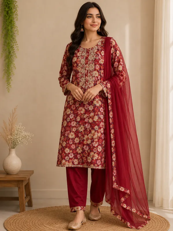 Maroon_Floral_Print_Kurta_Set_for_Women