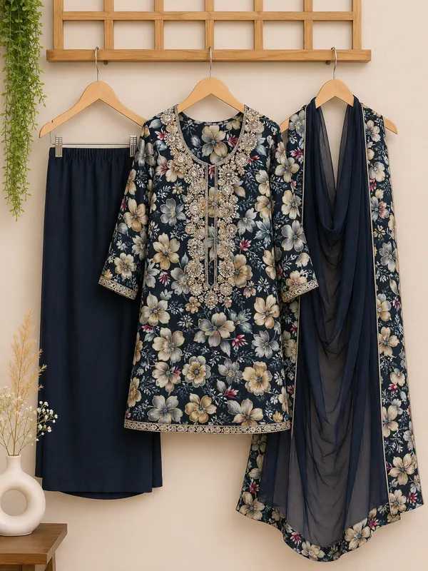 Navy_Floral_Embellished_Kurta_Set_For_Women