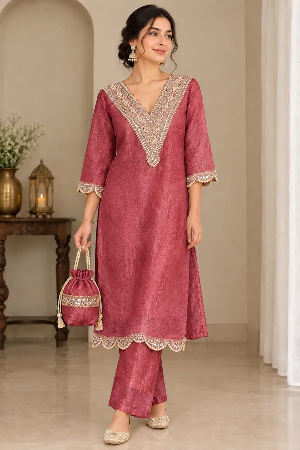Maroon_Embroidered_Straight_Kurta_Set_For_Women