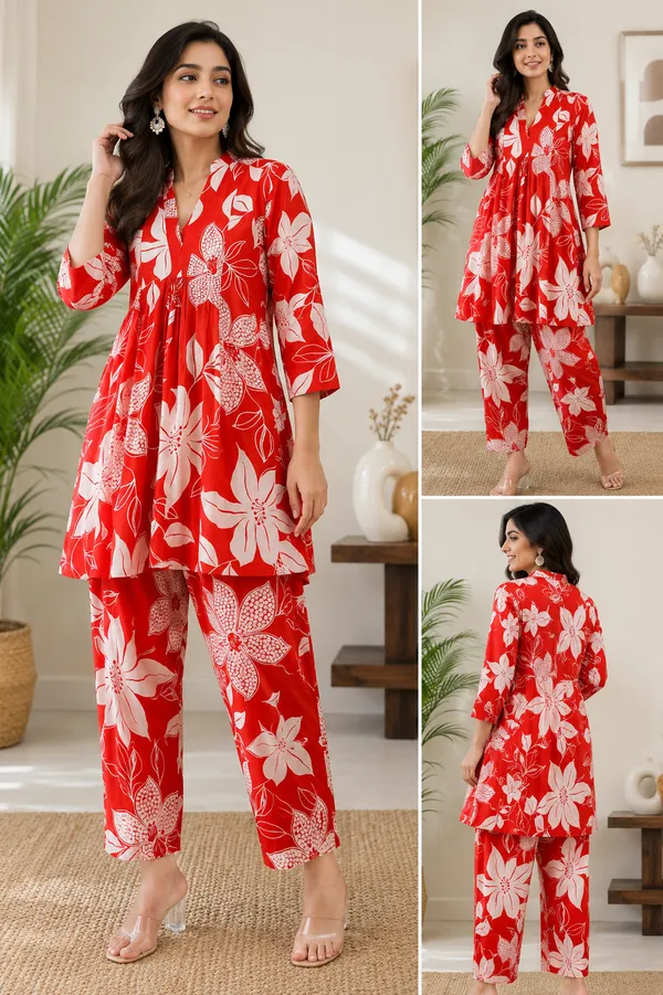 Red_Floral_Printed_Kurta_Pant_Set_for_Women