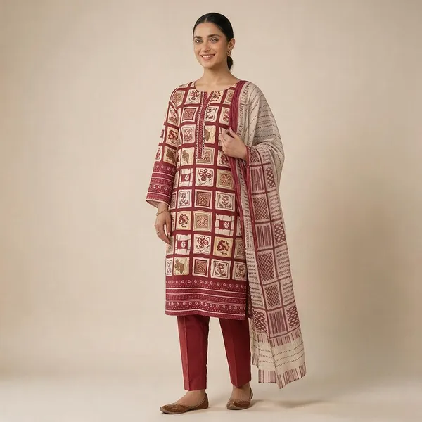 Red_Cotton_Printed_Unstitched_Suit_Material_For_Women