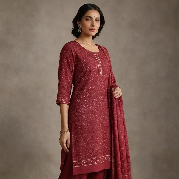 Maroon_Cotton_Embellished_Kurta_Set_For_Women