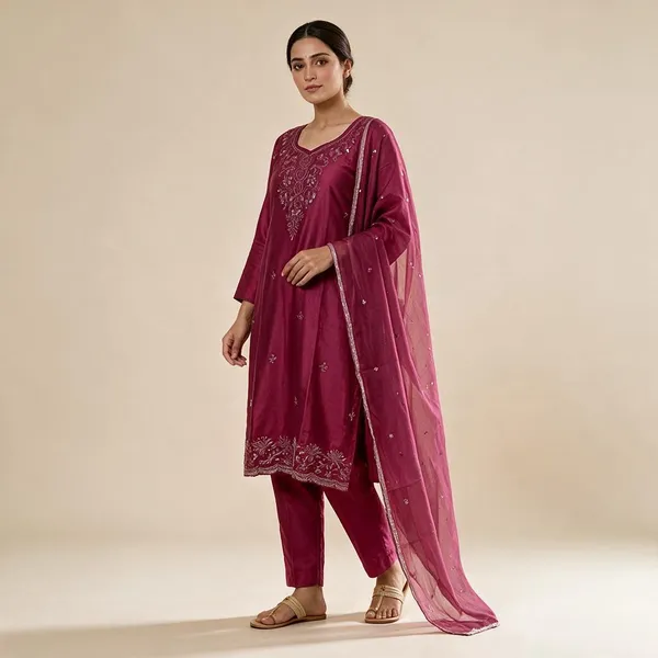 Wine_Organza_Embroidered_Kurta_Set_For_Women