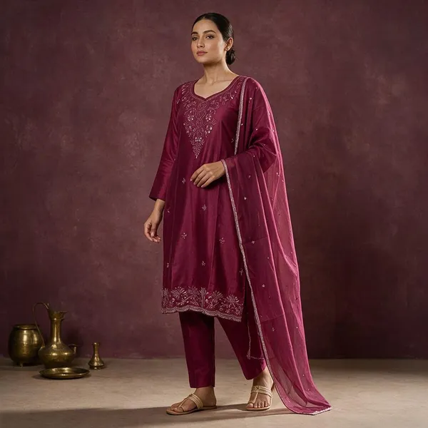 Wine_Organza_Embroidered_Kurta_Set_For_Women