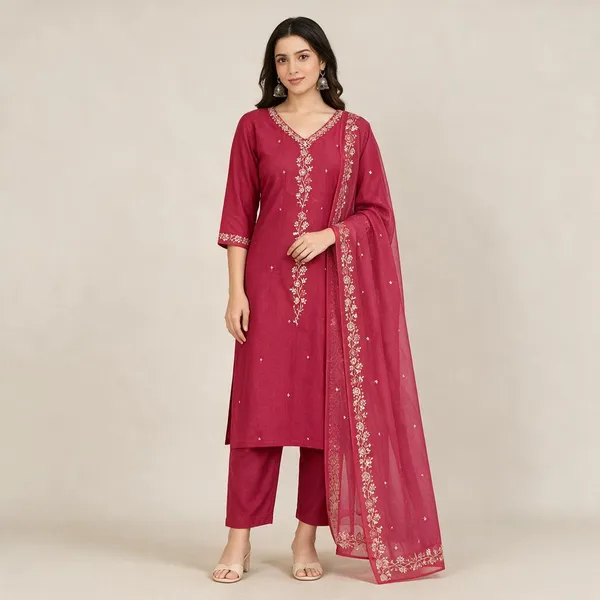 Magenta_Vichitra_Silk_Straight_Embroidered_Kurta_Set_For_Women