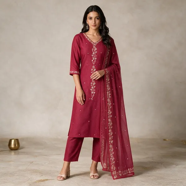 Magenta_Vichitra_Silk_Straight_Embroidered_Kurta_Set_For_Women