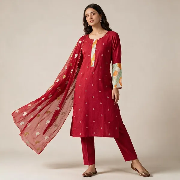 Red_Vichitra_Silk_Embroidered_Kurta_Set_For_Women
