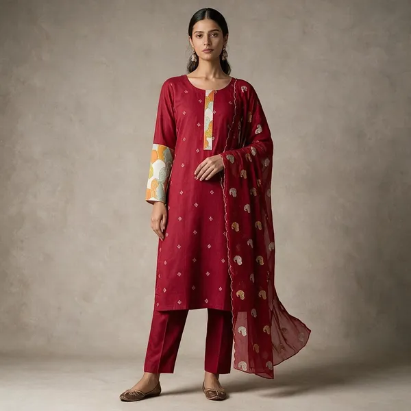 Red_Vichitra_Silk_Embroidered_Kurta_Set_For_Women