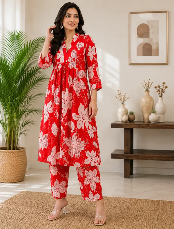Red_Floral_Printed_Kurta_Pant_Set_for_Women
