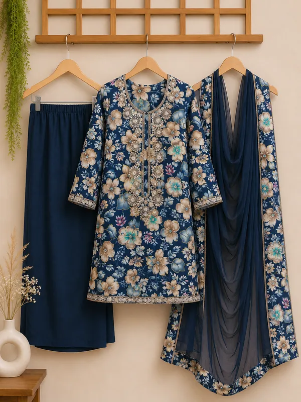 Navy_Floral_Print_Straight_Suit_Set_For_Women