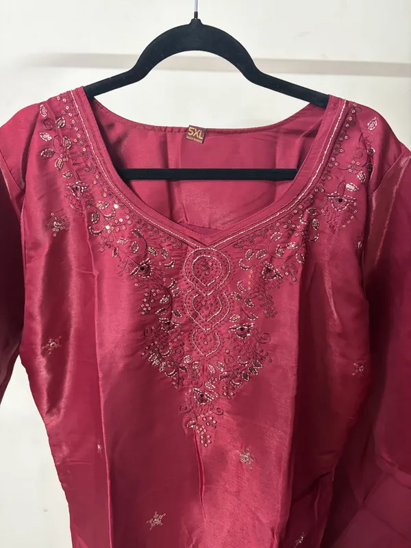 Wine_Satin_Embroidered_Kurta_for_Women