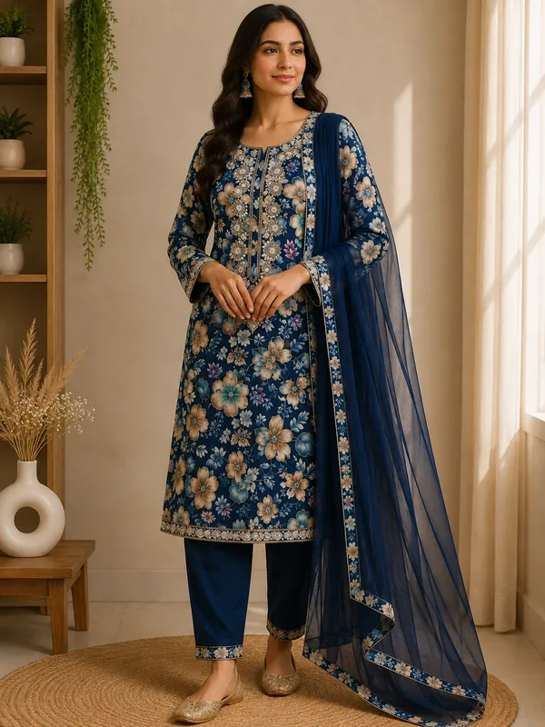 Navy_Floral_Print_Straight_Suit_Set_For_Women