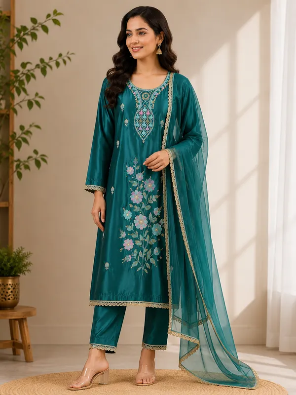 Teal_Embroidered_Straight_Suit_Set_For_Women