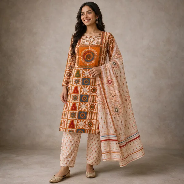 Orange_Cotton_Straight_Unstitched_Printed_Kurta_Set_For_Women