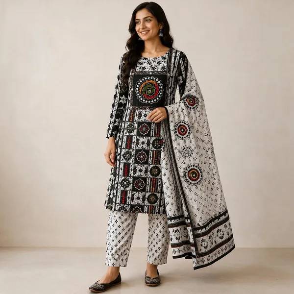 Black_Cotton_Straight_Printed_Unstitched_Kurta_Set_For_Women