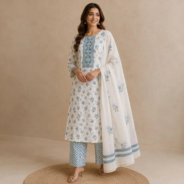 White_Cotton_Straight_Floral_Unstitched_Printed_Kurta_Set_For_Women