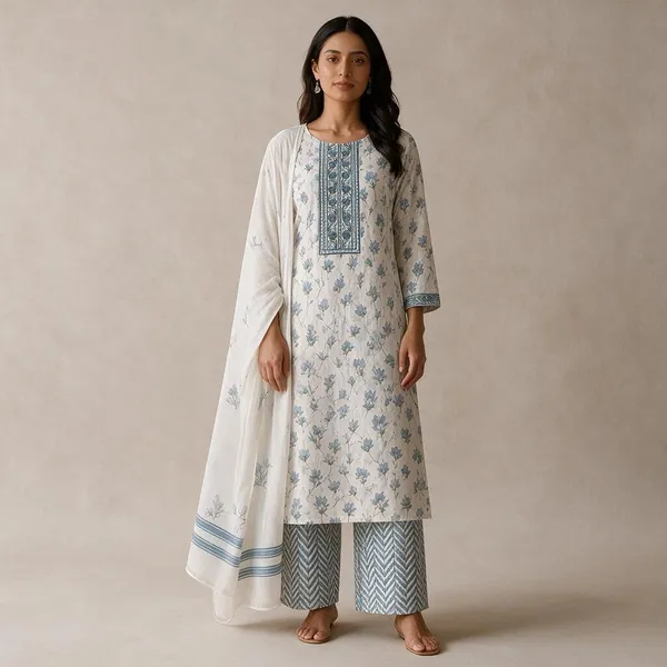 White_Cotton_Straight_Floral_Unstitched_Printed_Kurta_Set_For_Women
