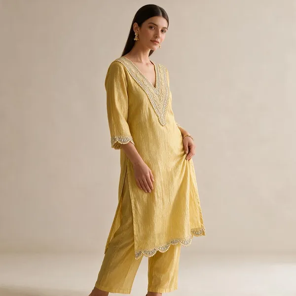 Yellow_Crushed_Tissue_Straight_Embroidered_Kurta_Set_For_Women