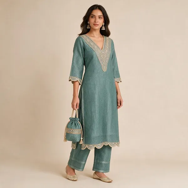 Green_Crushed_Tissue_Straight_Embroidered_Kurta_For_Women