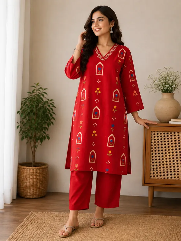Red_Printed_Straight_Kurta_For_Women