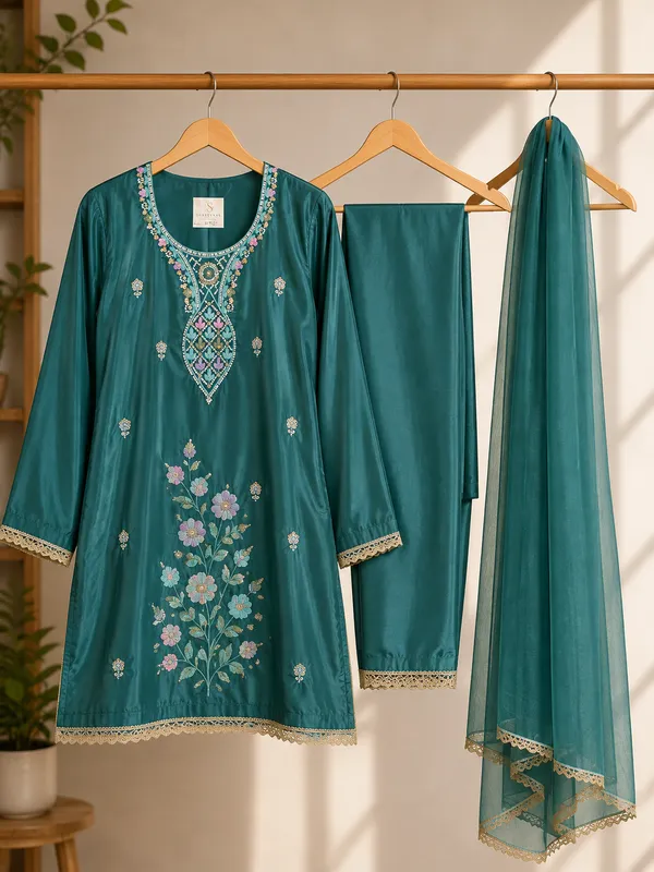 Teal_Embroidered_Straight_Suit_Set_For_Women