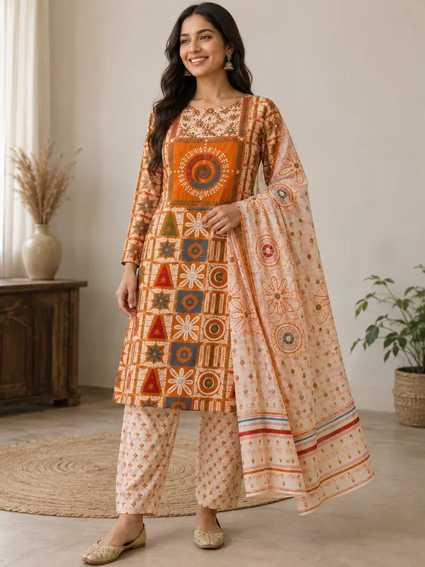 Orange_Printed_Straight_Kurta_Set_For_Women