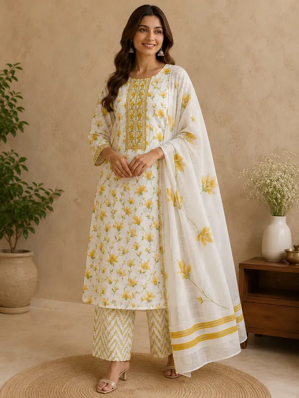 Ivory_Floral_Print_Straight_Kurta_Set_For_Women