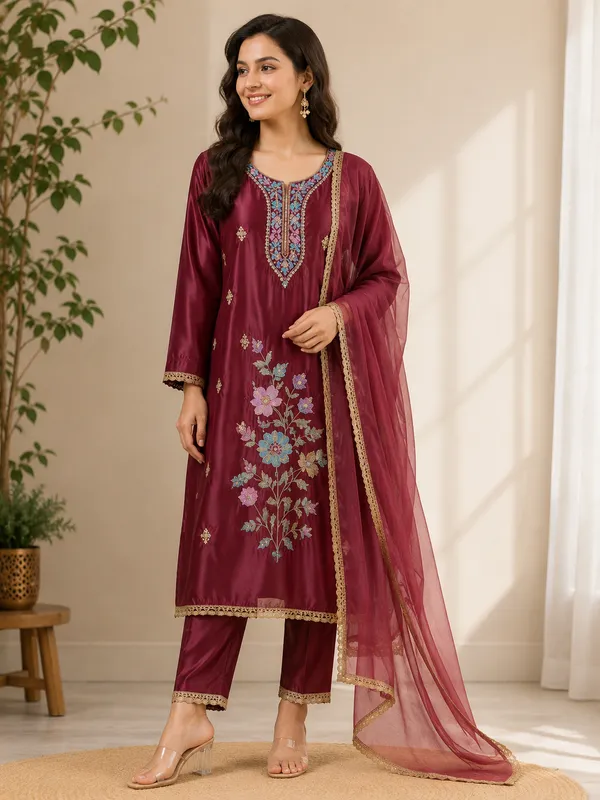 Maroon_Embroidered_Three_Piece_Kurta_Set_For_Women
