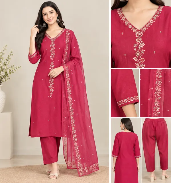 Magenta_Vichitra_Silk_Straight_Embroidered_Kurta_Set_For_Women