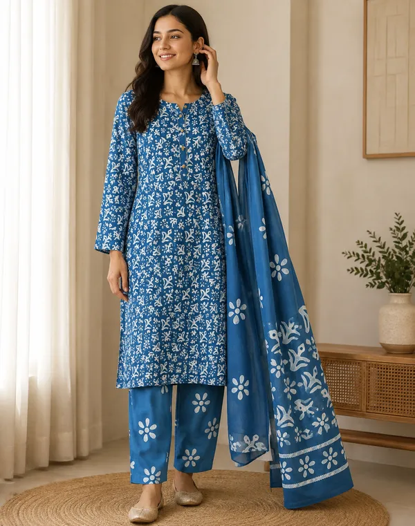 Blue_Floral_Printed_Kurta_Pant_Set_For_Women