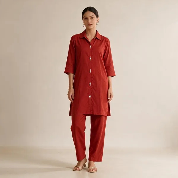 Red_Dabu_Cotton_Relaxed_Fit_Collared_Long_Kurti_For_Women