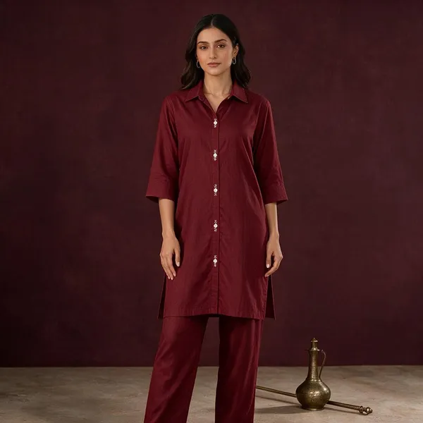 Red_Dabu_Cotton_Relaxed_Fit_Collared_Long_Kurti_For_Women