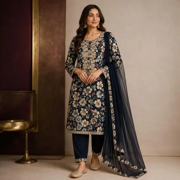 Navy_Tissue_Silk_Straight_Floral_Unstitched_Kurta_Set_For_Women
