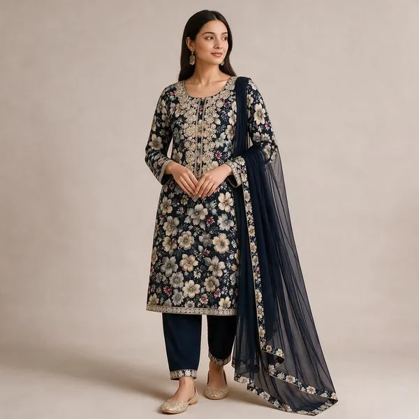 Navy_Tissue_Silk_Straight_Floral_Unstitched_Kurta_Set_For_Women
