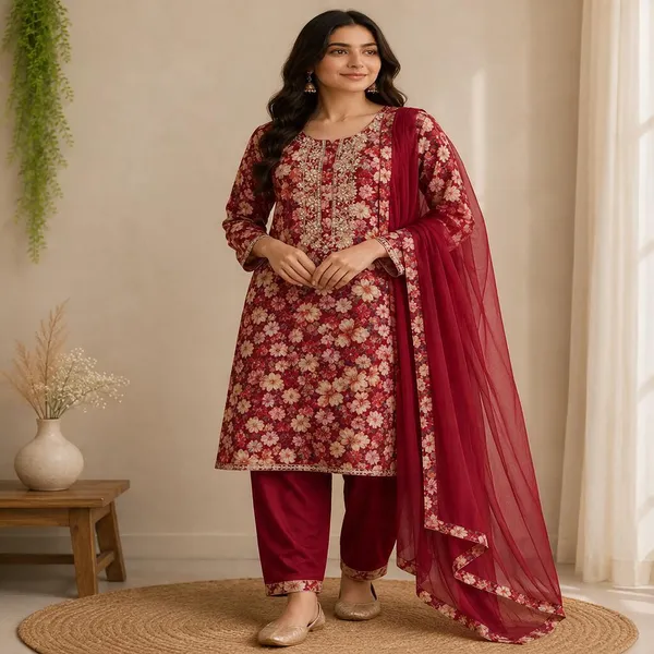 Maroon_Tissue_Silk_Floral_Unstitched_Print_Kurta_Set_For_Women