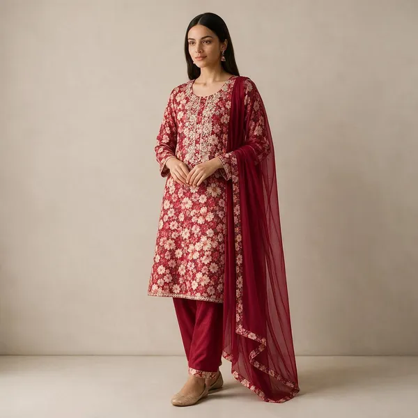 Maroon_Tissue_Silk_Floral_Unstitched_Print_Kurta_Set_For_Women