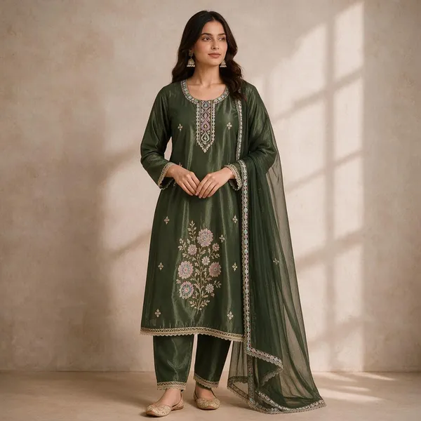 Olive_Green_Tissue_Silk_Straight_Unstitched_Kurta_Set_For_Women