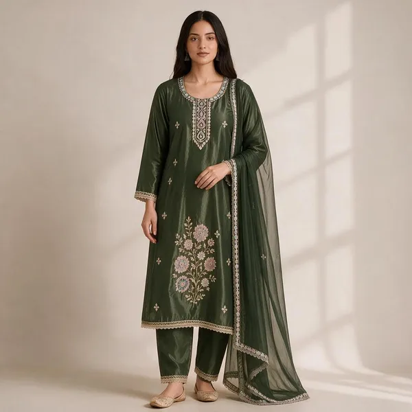 Olive_Green_Tissue_Silk_Straight_Unstitched_Kurta_Set_For_Women