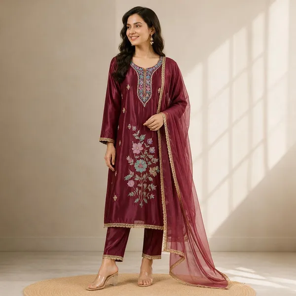 Maroon_Tissue_Silk_Straight_Unstitched_Kurta_Set_For_Women