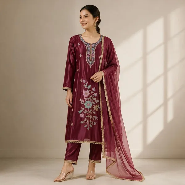 Maroon_Tissue_Silk_Straight_Unstitched_Kurta_Set_For_Women