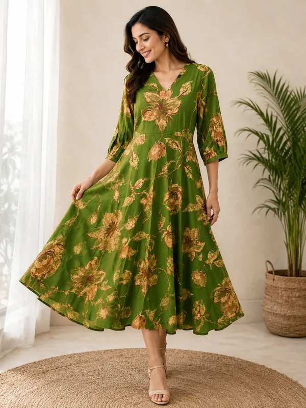 Green_Floral_Print_Flared_Dress_for_Women