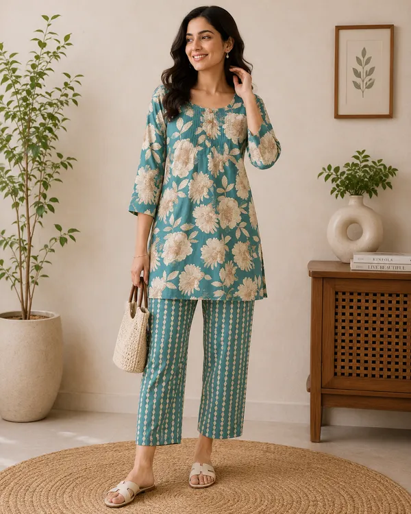 Teal_Floral_Straight_Kurta_For_Women
