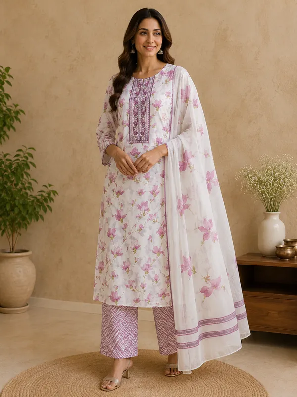 White_Floral_Print_Straight_Kurta_Set_for_Women